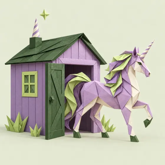 A folded-paper unicorn in lavender, lime and cream stepping out of the open door of a little lavender paper shed with a striped horn on its roof.